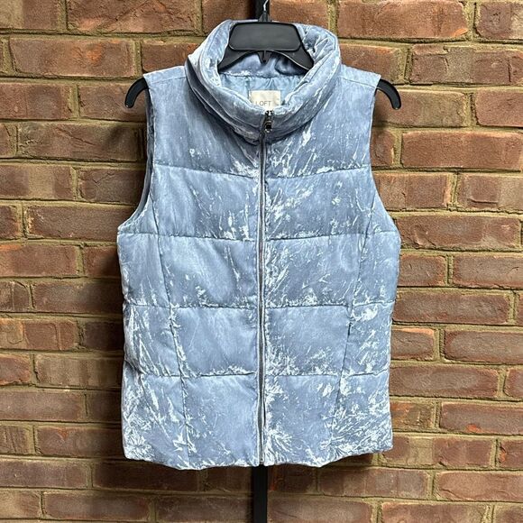Loft Womens Crushed Velvet Blue Puffer Vest Size Small - Picture 2 of 5